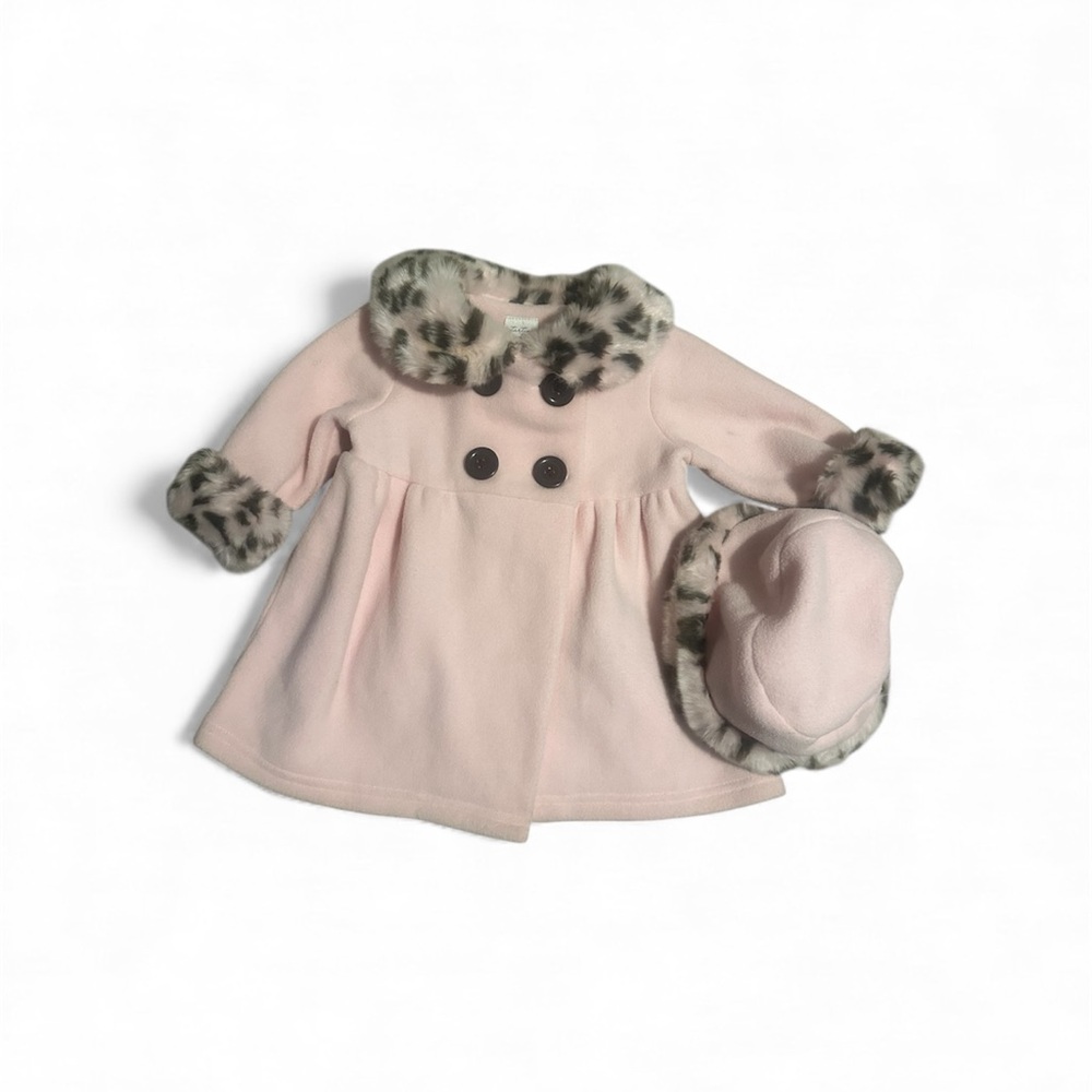 Fleece Coat with Animal Fur Trim and Matching Hat, size 9 months, preloved